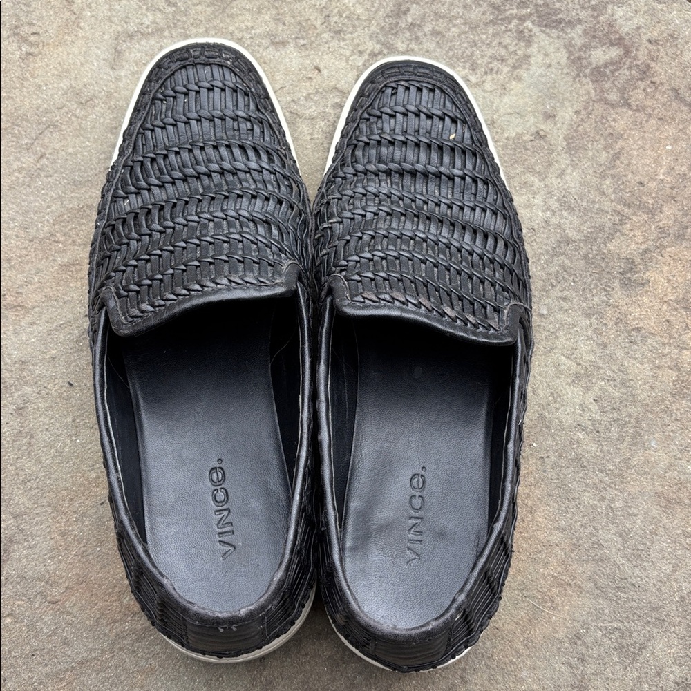 Vince Stafford Woven Slip On Black Leather Flats Platform Shoes Women’s